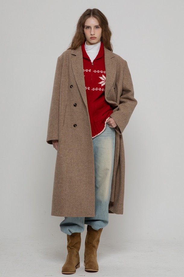 MORELIKEIT - 코트 - WOOL 100 DOUBLE  HERRINGBONE LONG COAT BRWON