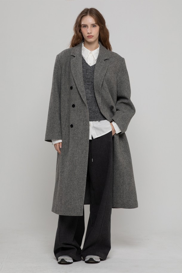 MORELIKEIT - 코트 - WOOL 100 DOUBLE  HERRINGBONE LONG COAT GREY