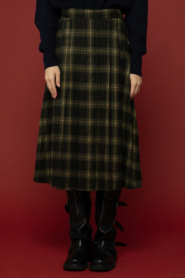 MORELIKEIT - 롱스커트 - YOUNG CHECK PLEATS LONG SKIRT KHAKI