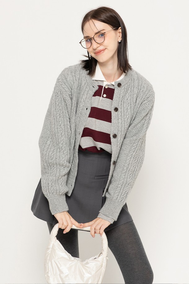 MORELIKEIT - 가디건 - EXTRAFINEWOOL CABLE KNIT CARDIGAN GREY