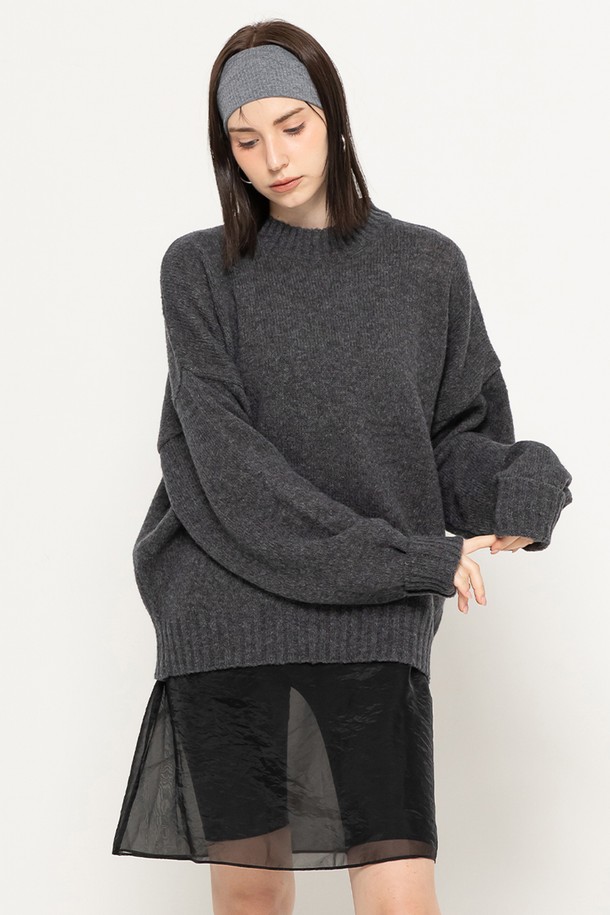 MORELIKEIT - 스웨터 - WOOL BLEND LOOSEFIT LONG KNIT PULLOVER CHARCOAL