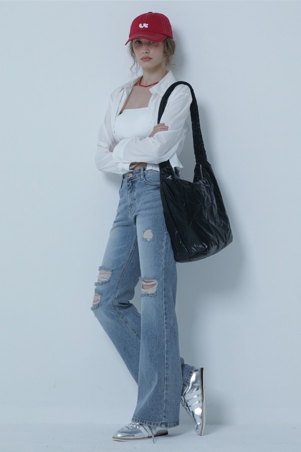 MORELIKEIT - 데님 - DAMAGE SLIM BOOT-CUT DENIM PANTS BLUE