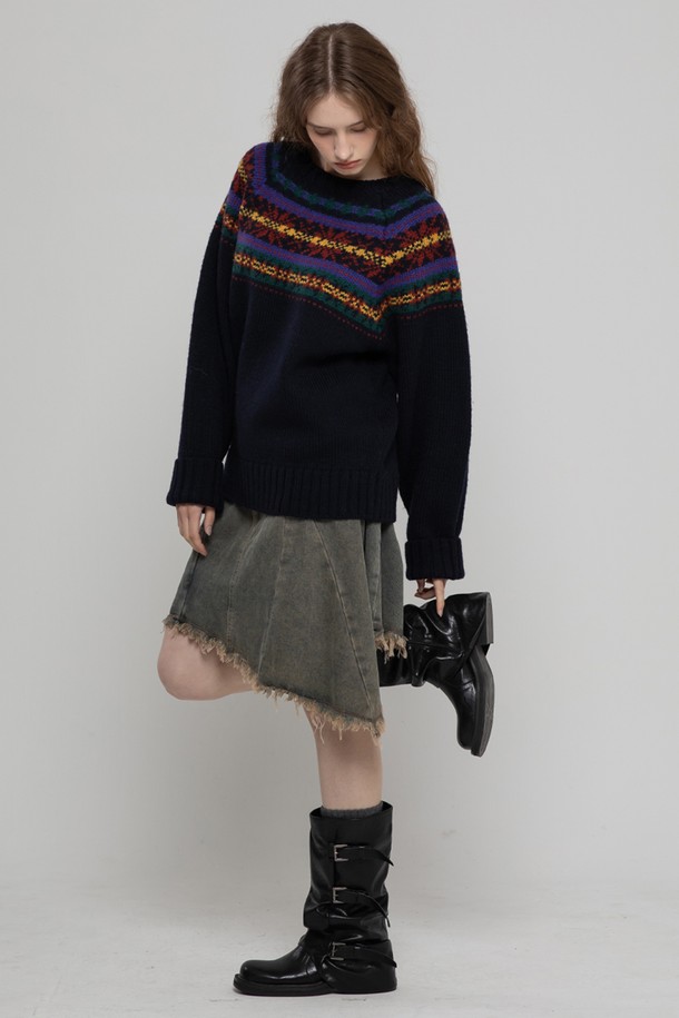 MORELIKEIT - 스웨터 - WOOL100 SNOW FLOWER LOOSEFIT LONG PULLOVER NAVY