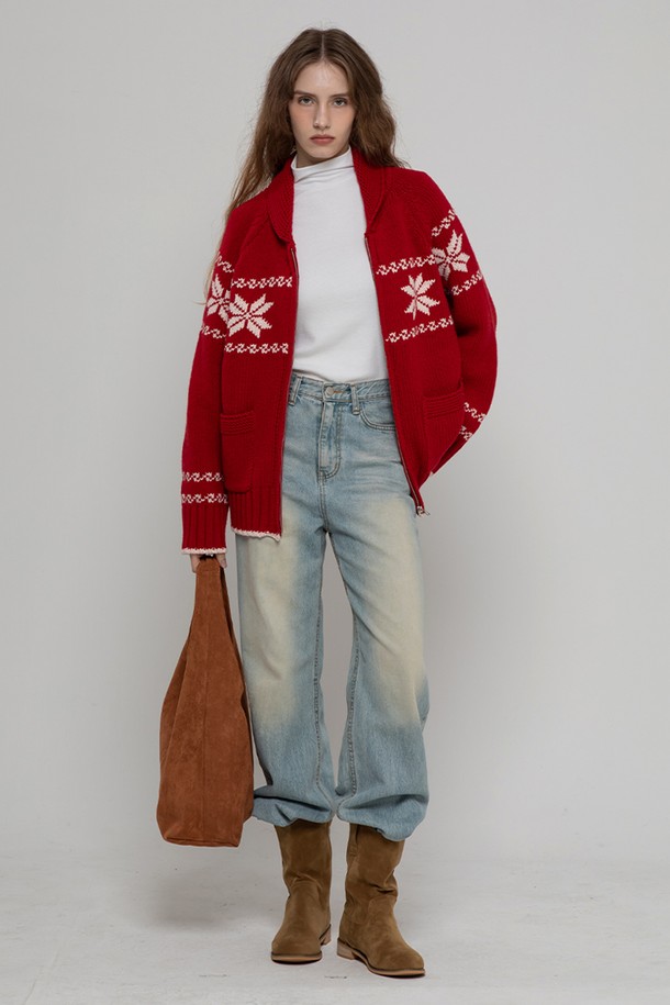 MORELIKEIT - 가디건 - WOOL70 NORDIC MIDI ZIPUP KNIT CARDIGAN RED