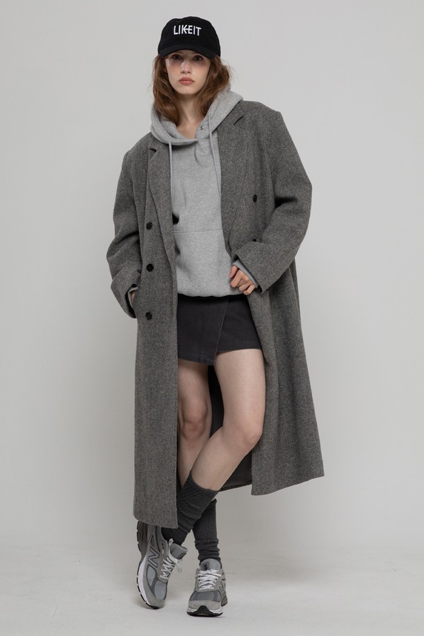 MORELIKEIT - 코트 - WOOL 100 DOUBLE  HERRINGBONE LONG COAT GREY