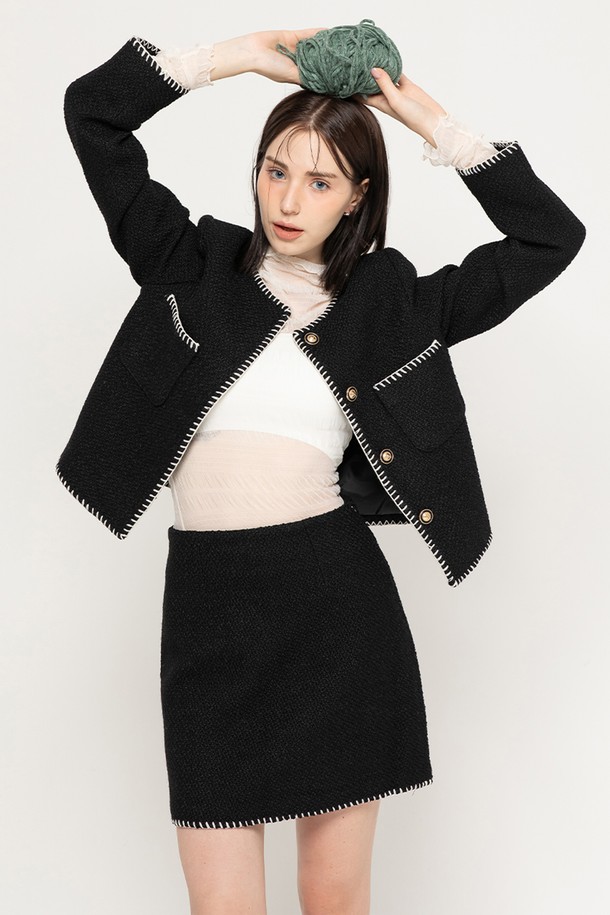 MORELIKEIT - 자켓 - WOOL TWEED CROP JACKET  SET-UP BLACK