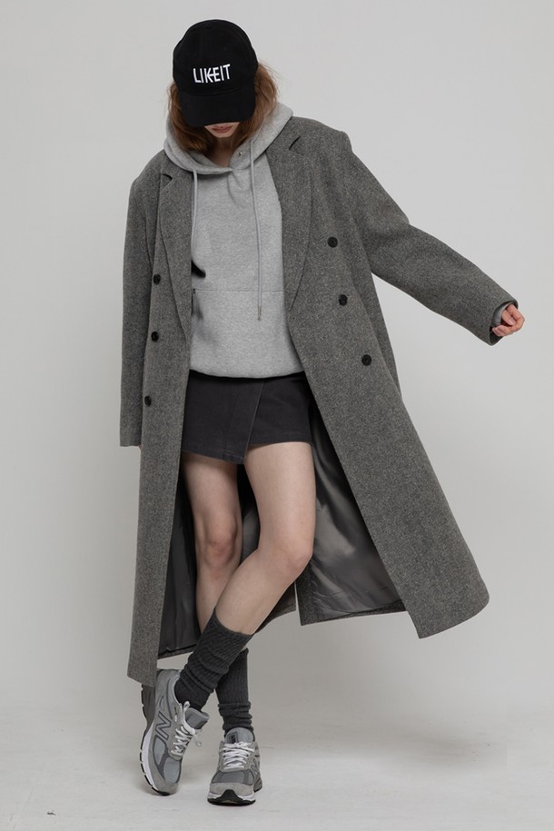 MORELIKEIT - 코트 - WOOL 100 DOUBLE  HERRINGBONE LONG COAT GREY