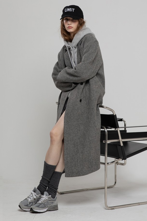 MORELIKEIT - 코트 - WOOL 100 DOUBLE  HERRINGBONE LONG COAT GREY