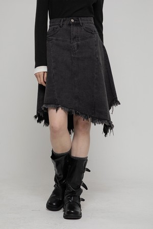 UNBALANCE CUT DENIM FLARE MIDI SKIRT BLACK