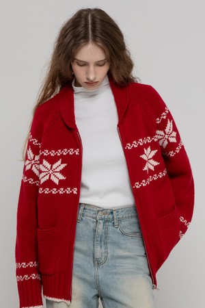 WOOL70 NORDIC MIDI ZIPUP KNIT CARDIGAN RED