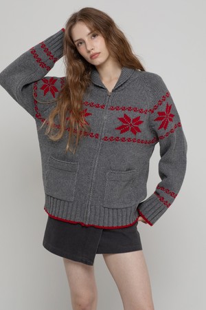 WOOL70 NORDIC MIDI ZIPUP KNIT CARDIGAN GREY