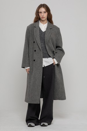 WOOL 100 DOUBLE  HERRINGBONE LONG COAT GREY