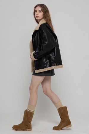 VEGAN LEATHER OVERFIT MUSTANG HALF COAT BLACK