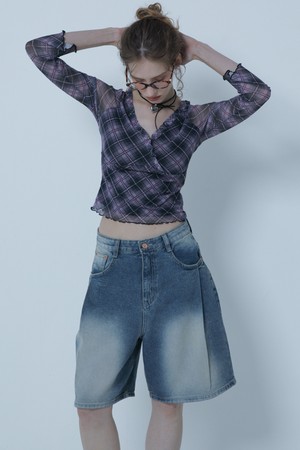 1 TUCK  HALF DENIM PANTS BLUE