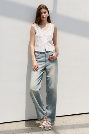 썸머 절개 포인트 세미 와이드 데님 Summer cut point semi wide denim Light blue