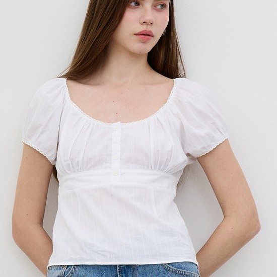 리본 코튼 스퀘어넥 블라우스  Ribbon Cotton Square Neck Blouse White