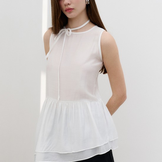 리본 넥 레이어드 민소매 블라우스 Ribbon neck layered sleeveless blouse White