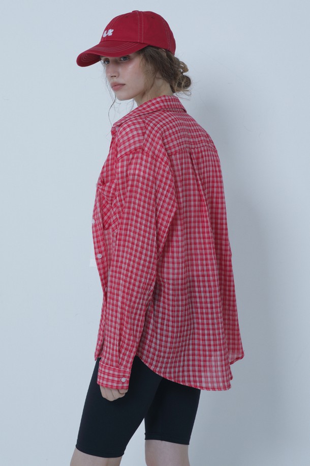 MORELIKEIT - 셔츠 - SEE THROUGH COVER UP CHECK SHIRTS RED