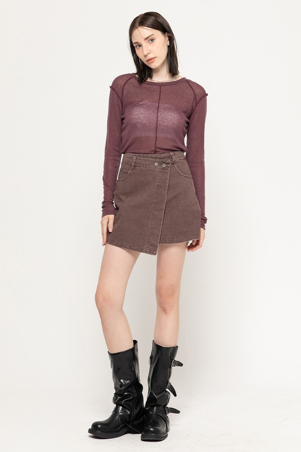 MORELIKEIT - 미니스커트 - UNBALANCE WASHED MINI SKIRT BURGANDY