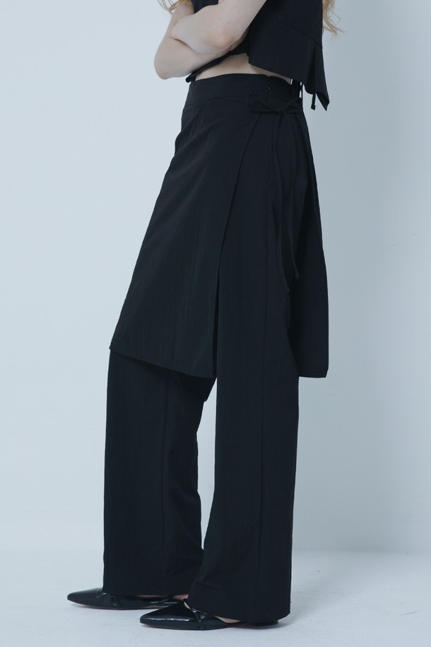 MORELIKEIT - 롱/미디팬츠 - WRAP LAYERD PANTS BLACK