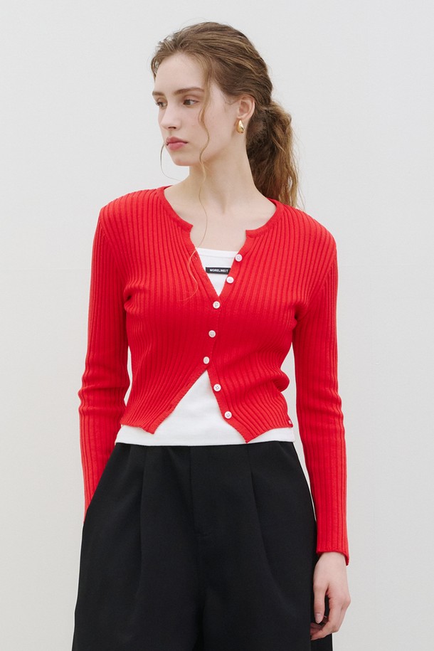 MORELIKEIT - 가디건 - MINIMAL RIBBED CARDIGAN RED