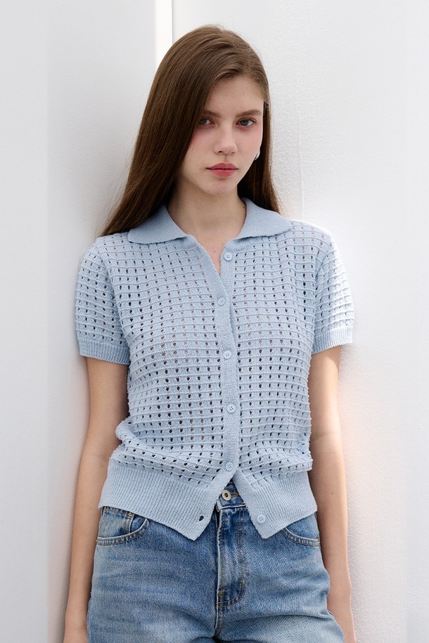 MORELIKEIT - 스웨터 - 썸머 펀칭 니트 카라 가디건 Punching Knit Collar Cardigan Skyblue