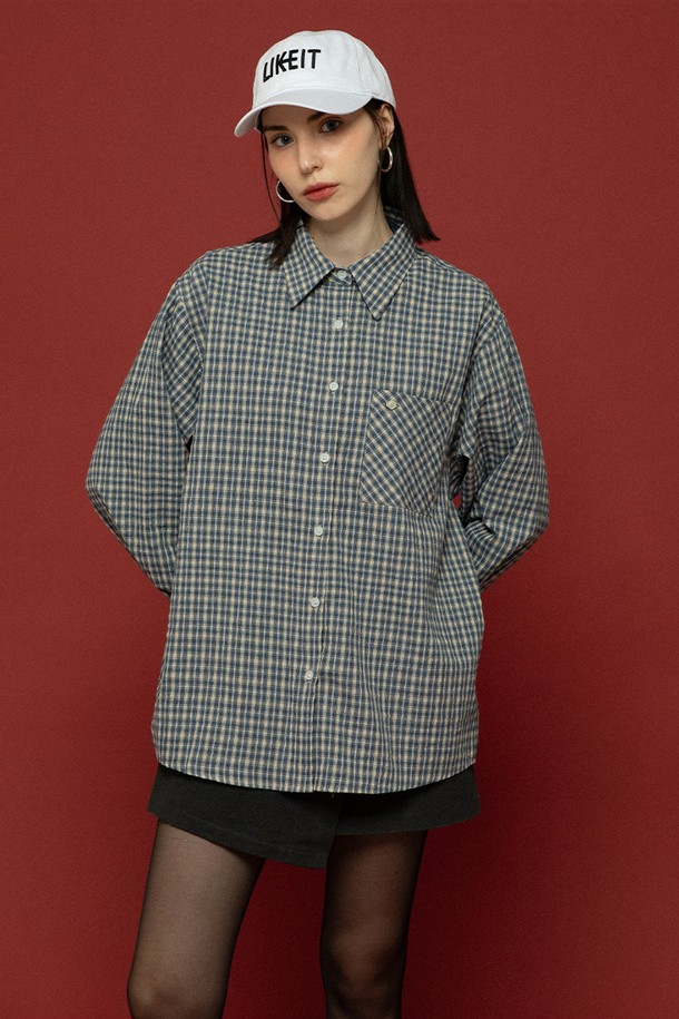 MORELIKEIT - 셔츠 - COVER UP CHECK POCKET OVER LONG SHIRT NAVY