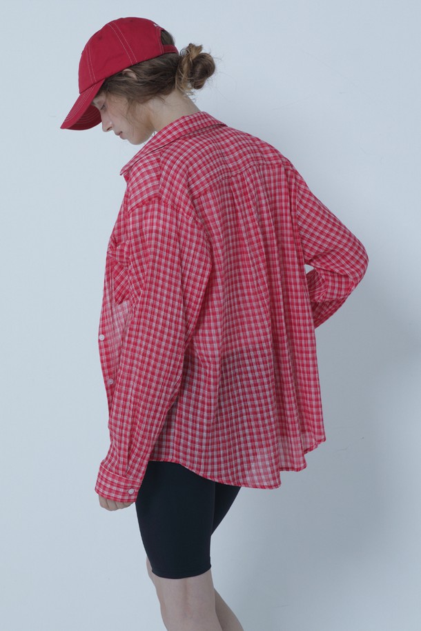 MORELIKEIT - 셔츠 - SEE THROUGH COVER UP CHECK SHIRTS RED