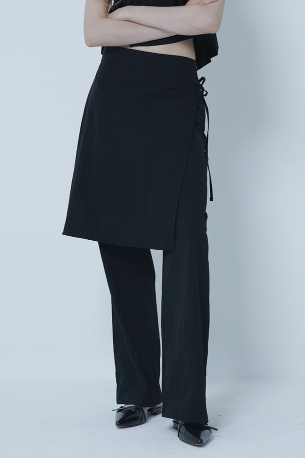 MORELIKEIT - 롱/미디팬츠 - WRAP LAYERD PANTS BLACK