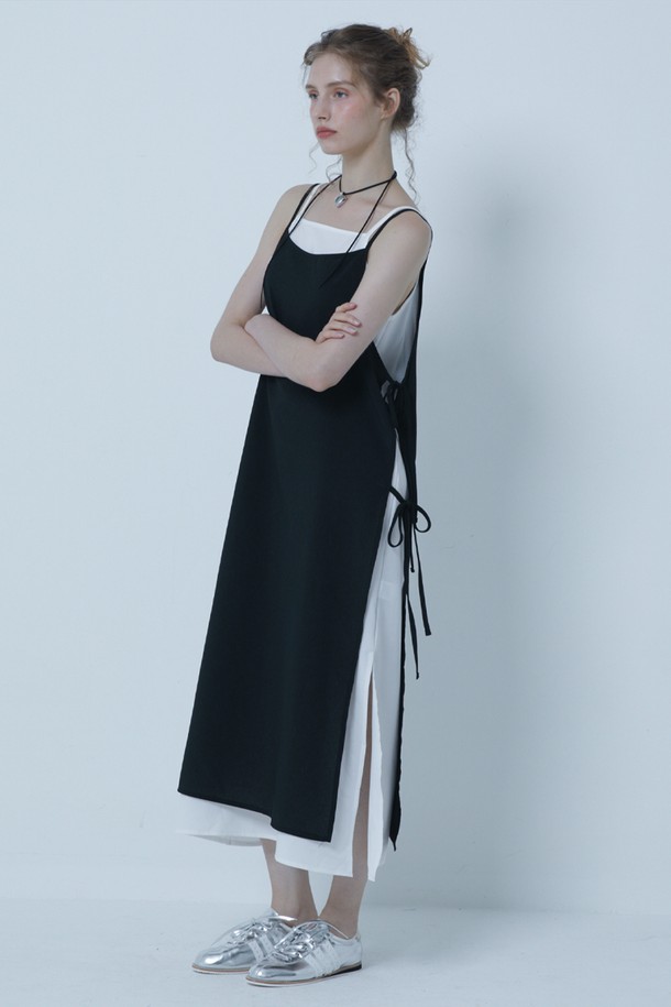 MORELIKEIT - 민소매 원피스 - LAYERD RIBBON SLEEVELESS LONG DRESS BLACK