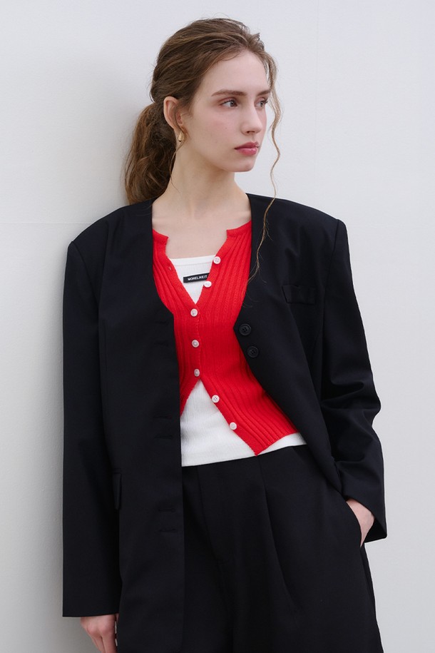 MORELIKEIT - 가디건 - MINIMAL RIBBED CARDIGAN RED