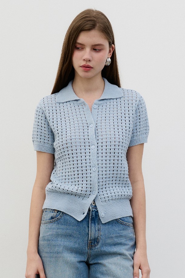 MORELIKEIT - 스웨터 - 썸머 펀칭 니트 카라 가디건 Punching Knit Collar Cardigan Skyblue