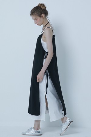 LAYERD RIBBON SLEEVELESS LONG DRESS BLACK