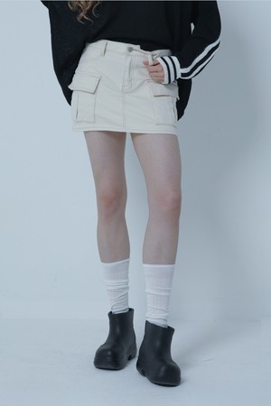 CARGO POCKET DENIM MINI SKIRT(IN PANTS) IVORY