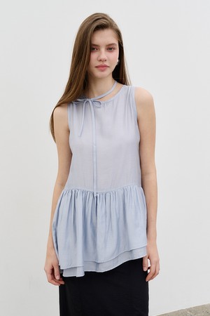 리본 넥 레이어드 민소매 블라우스 Ribbon neck layered sleeveless blouse Skyblue