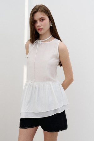 리본 넥 레이어드 민소매 블라우스 Ribbon neck layered sleeveless blouse White