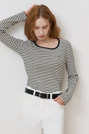 스퀘어넥 스트라이프 티셔츠 BLACK