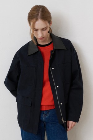 레더배색 하프 워크자켓 NAVY