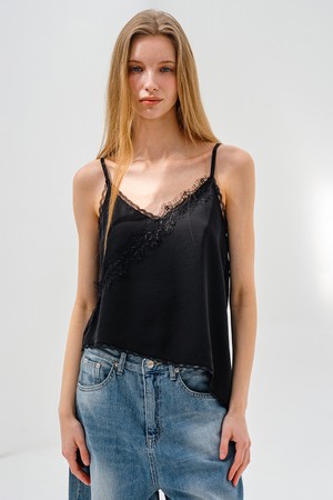 레이스 언발란스 슬리브리스 탑 BLACK