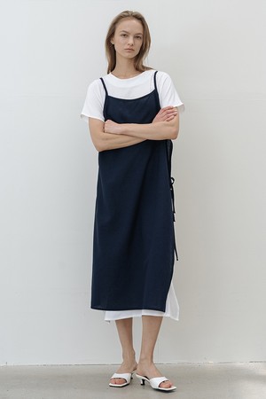 레이어드 리본 하프슬리브 롱 드레스 (SET) NAVY