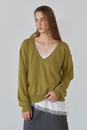 울 블렌드 딥 브이넥 니트 OLIVE