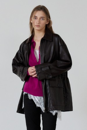 하이넥 레더 하프점퍼 DARK BROWN