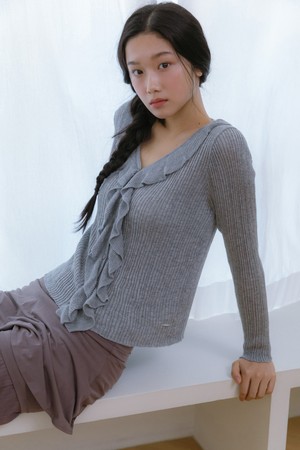 프릴 슬림 니트 가디건 (그레이)