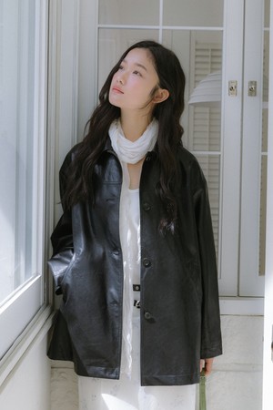스트레이트 미디 레더 자켓 (블랙)