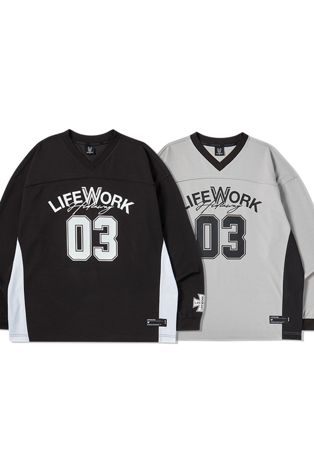 LIFEWORK - 긴팔티셔츠 - 메쉬블록 브이넥 긴팔티셔츠