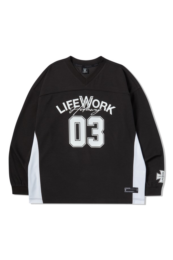 LIFEWORK - 긴팔티셔츠 - 메쉬블록 브이넥 긴팔티셔츠