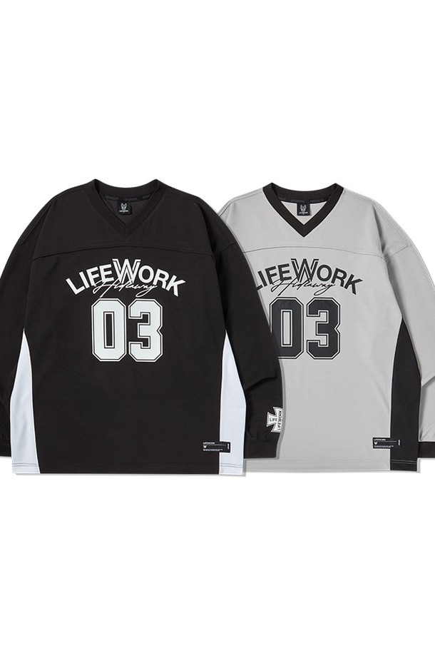 LIFEWORK - 긴팔티셔츠 - 메쉬블록 브이넥 긴팔티셔츠