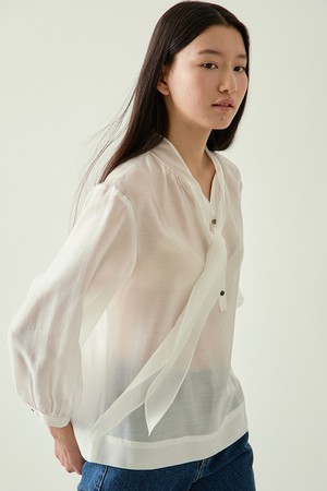 tencel button tie blouse (white)