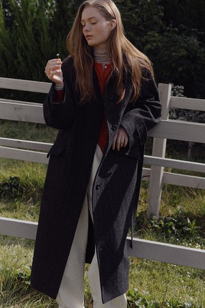 wool nep belted long coat (charcoal)