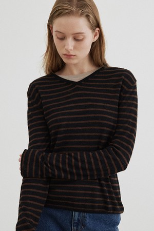 alpaca blended stripe v pullover (brown stripe)